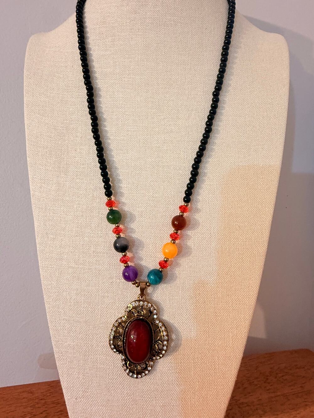 Vintage Red Cabochon Pendant Necklace 28” Black Beaded Statement Necklace